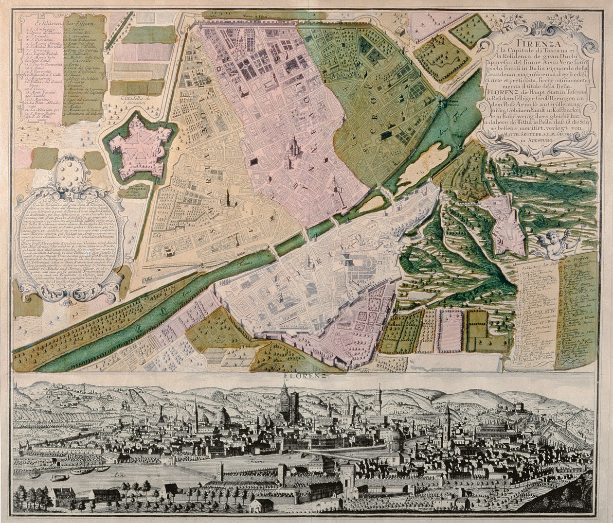Kort over Firenze med perspektivisk udsigt, 1750 af Georg Matthäus Seutter