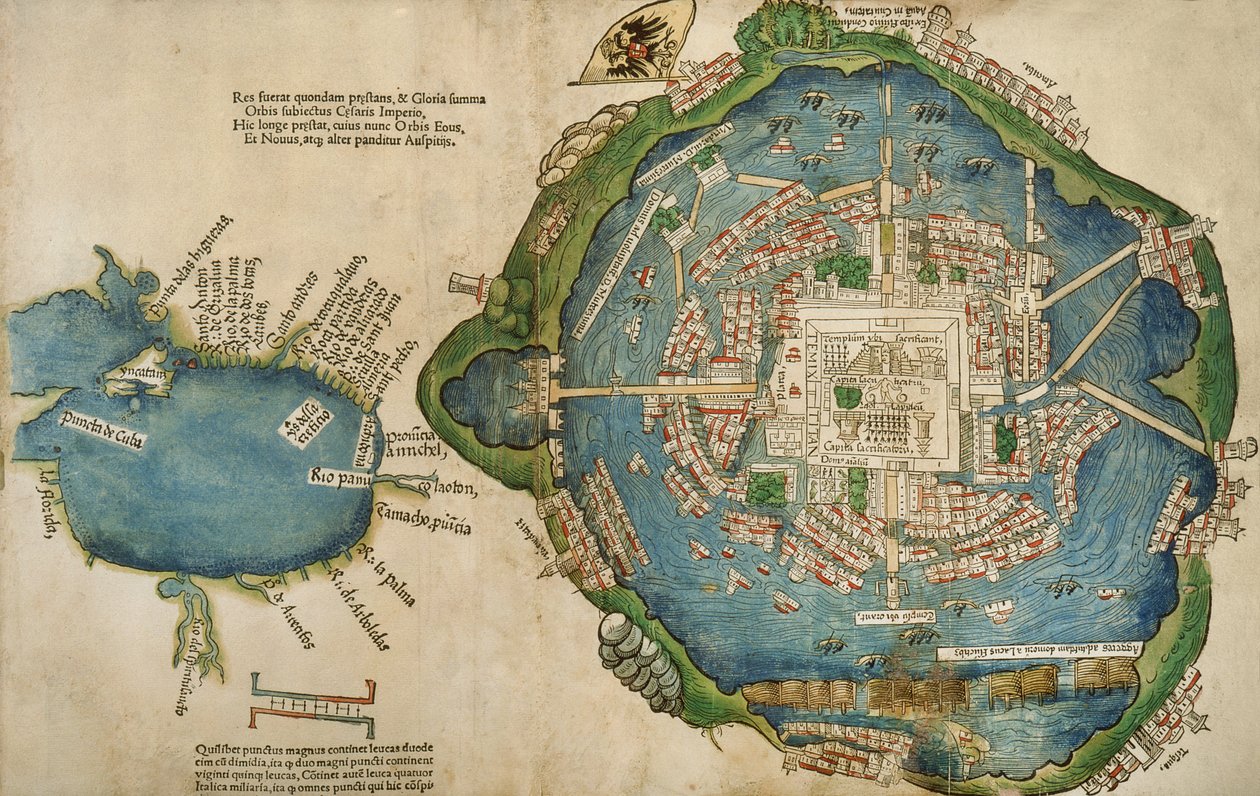 Kort over Tenochtitlan og den Mexicanske Golf, fra Praeclara Ferdinadi Cortesii de Nova maris Oceani Hyspania Narratio af Hernando Cortes (1485-1547) 1524 af Spanish School