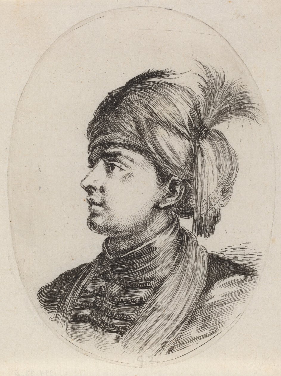Ung møre i en fjerbeklædt turban, drejet til venstre, 16491650. af Stefano della Bella