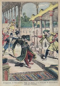 Mordet på Nasser Ed Din (1831-1896), Shah af Persien (Iran) i 1896 (også kaldet Nasseredin Shah, Nasserer-al-Din Shah Qajar, Nasser al-Din Shah Qajar, Nassiruddin Shah) - Illustration af Achille Lemot for " Le-Pelerin" af 1896 - Mordet på