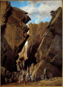 Fransk kolonisering af Algeriet: "" passagen af Jernporten i Algeriet den 28/10/1839"" Den franske ekspedition, ledet af hertugen af Orleans i 1839, krydser bibanernes passage. Maleri af Adrien Dauzats (1804-1868) 1869 søn. 1,46x1,05 m Orlea