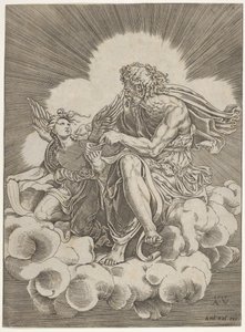 St. Matthæus, siddende på en sky og dyppede en fjerpen i et blækhus holdt af en engel..., ca. 1518-20.