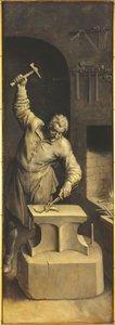 Saint Eligius i sit værksted (olie på panel)