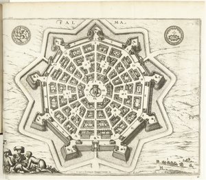 Plattegrund af Palmanova, 1726 Palma (titel på objekt) Europas, Asiens, Afrikas og Amerikas styrker (...) Som også kortene over Frankrigs og Spaniens kyster (serietitel på objekt) af Anonymous