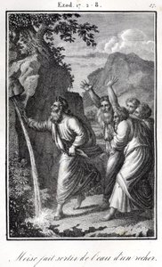 Bibelen - Moses slår på klippen, og der kommer vand ud af den Exodus (gravering) af Artist Unknown