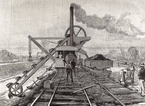 Konstruktion af Panamakanalen. Uddybningsarbejde i landsbyen Culebra. Originaltegning af Meltor Prior. Billedet blev offentliggjort i "The Illustrated London News". Gravering. af Artist Unknown