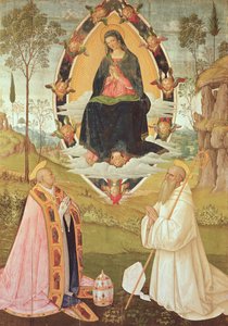Virgin in Glory med St. Gregory og St. Benedikt (tempera på panel) af Bernardino di Betto Pinturicchio