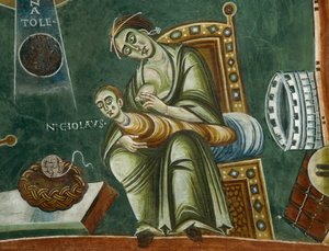 Saint Nicholas, der nægter sin mors mælk, fra historier om Saint Nicholas liv, detaljer om romanske freskomalerier i byzantinsk stil, slutningen af det 11. århundrede, kapel af Saint Eldrad og Saint Nicholas, Novalesa Abbey, Piedmont, Italien.