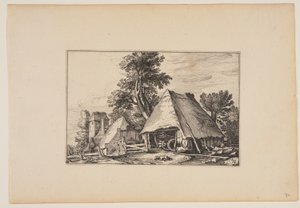 Gård med skur til en vogn, fra Landskaber (Verscheyden aerdige Lanthuysen...) af Claes Jansz. Visscher