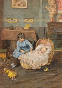 Pige holder øje med en baby i en vugge (chromolitho)