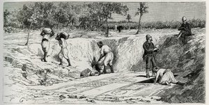 Excavations at the Christian cemetery of Lamta, with both mission charges. Engraving by Eug.Girardet, to illustrate the story “The Journey to Tunisia” ”, by Rene Cagnatdani af Eugene Alexis Girardet