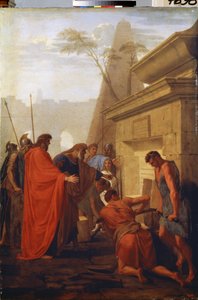 ""Darius åbner Nitocris grav"" (Darius Hystaspes åbner Nitocrys grav) Kongen af ​​Persien Darius I den Store (5. århundrede f.Kr.) åbner graven for dronningen af ​​Babylon Nitocris, som havde lavet en grav på sin grav at hans efterfølger af Eustache Le Sueur