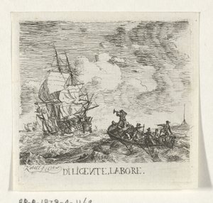 Vildt vand med forskellige både Diligente, labore (titel på objekt) af Hendrik Kobell