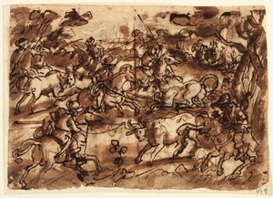 Recto: Tyrejagt med lassos; Verso, ovenfor: Bjørnejagt af Men in Armor; Verso, nedenfor: Jagt aber ved bedrag; alle foreløbige designs til Venationes-serien af Jan van der Straet, called Stradanus