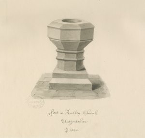 Font i Audley Church: sepia-tegning, 1840 af John Buckler