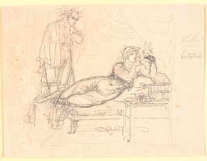 Lesbia og Catullus. Lesbia ligger, holdende en fugl på venstre hånd. Catullus står bagved