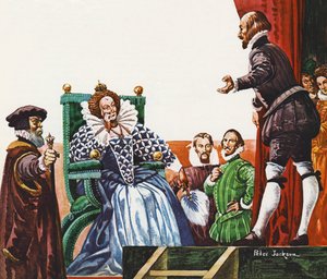 William Shakespeare præsenterer et af sine skuespil for dronning Elizabeth I