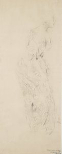 Skitse af kvinde i kjole med blomstertryk, muligvis til Moods to Music-vægmaleri, 1893-98 (grafit & gul blyant på buff-vævet papir) af Robert Frederick Blum