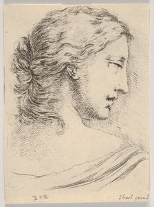 Plade 5: kvindehoved, drejet i profil til højre, fra Diverse hoveder og figurer..., 1650. af Stefano della Bella
