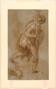Soldat Running: Studie for figur i venstre forgrund, "Forræderi mod Kristus," Rom, S. Maria della Consolazione, Matttei Chapel; Separate undersøgelser af to hoveder af Taddeo Zuccaro