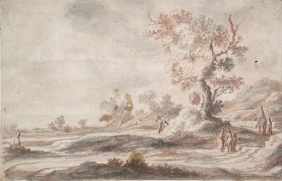 Landskab med gammelt træ og figurer af Abraham Genoels