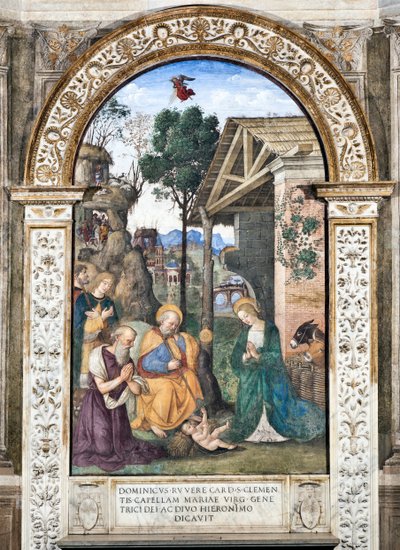 Tilbedelse af hyrdernes fresco af Pinturicchio (Bernardino di Betto) (1454-1513) 1484-1492 Basilikaen Santa Maria del Popolo (Kirken Santa Maria del Popolo), Cappella Basso della Rovere Rom Italien af Bernardino di Betto Pinturicchio