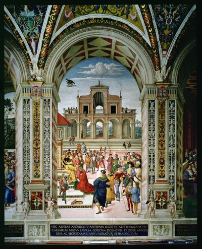 Aeneas Sylvius Piccolomini (1405-64) er kronet digterpristager af Frederik III (1415-93) i 1442 af Bernardino di Betto Pinturicchio