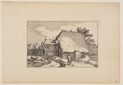En gård, mand med to spande på stien foran, fra Landskaber (Verscheyden aerdige Lanthuysen...) af Claes Jansz. Visscher
