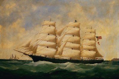 Det amerikanske sejlskib, Servia ud for Le Havre (olie på lærred) af Edouard Marie Adam