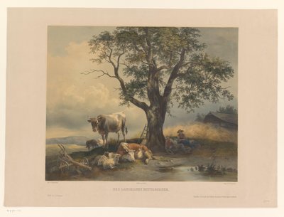 Figurer med kvæg hvilende i et landskab Des Landmanns Mittagsruhe (titel på objekt) af Eduard Weixlgärtner