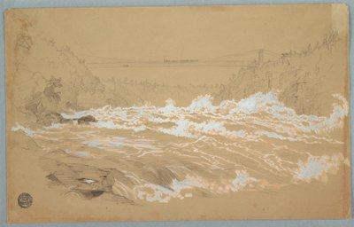 Tegning, Kløften, Niagara, kigger mod hængebroen af Frederic Edwin Church