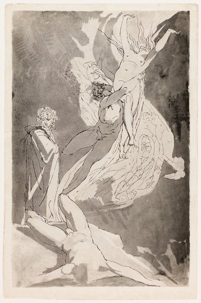 Dante falder i svime foran Paolos og Francescas svævende sjæle, Virgil ved hans side af Johann Heinrich Füssli