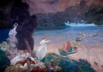 Happy Island: scene med fabel, der repræsenterer både, der slutter sig til gæster til en banket på græsset. Detalje af et maleri på tapet af Paul Albert Besnard (1849-1934). 1900. Paris, Dekorativ Kunst af Paul Albert Besnard