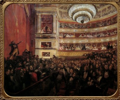 Premiere på Hernani Premiere-repræsentation af stykket "" Hernani"" af Victor Hugo (1802-1885) på Comedie Francaise den 25/02/1830. Maleri af Paul Albert Besnard (1849-1934) 1800-tallet søn. 1,05x1,22 m Paris, hus Victor Hugo af Paul Albert Besnard