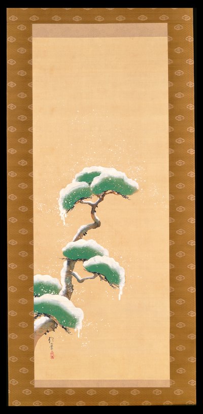 Hængende rulle, der viser en sneklædt fyrretræ, fra A Triptych of the Three Seasons, japansk, tidligt i det 19. århundrede af Sakai Hoitsu