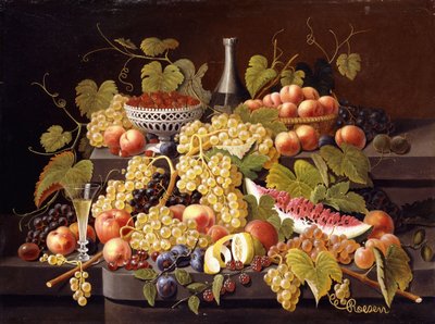 Stilleben med frugt og champagne, af Severin Roesen