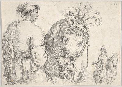 En mand til venstre i profil giver en håndfuld hø til en hest i midten, en rytter til t..., ca. 1662. af Stefano della Bella