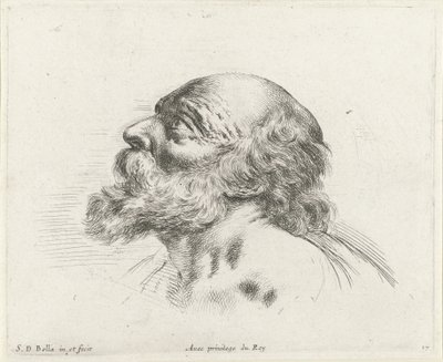 Hovedet af en skaldet gammel mand med skæg, i profil til venstre (muligvis St. Peter) Grundlæggende om tegning (serietitel) I principii del disegno (serietitel) af Stefano della Bella