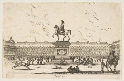 Plade 3: La Place Royale, rytterstatue af Louis XIII i profil mod venstre i ce..., 1642. af Stefano della Bella