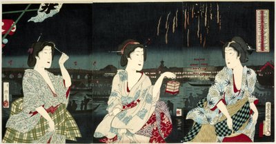 Nyder aftenbrisen under fyrværkeriet på Ryogoku Ryogoku hanabi yusuzumi no kei (titel på objekt) af Utagawa Kunichika