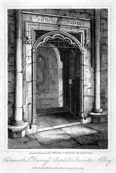 Indgang til St Erasmus Chapel, Westminster Abbey, London, 1817. af W. Wallis