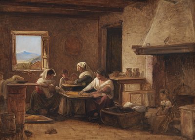 Kvinder, der arbejder i køkkenet på en bondegård nær Olevano, Italien af Wilhelm Marstrand